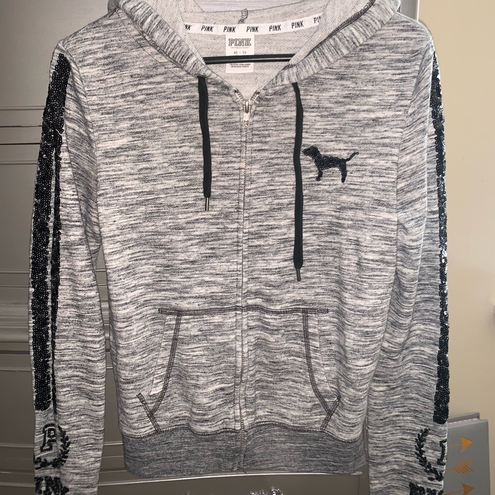 Grey Zip-up PINK Hoodie, Worn